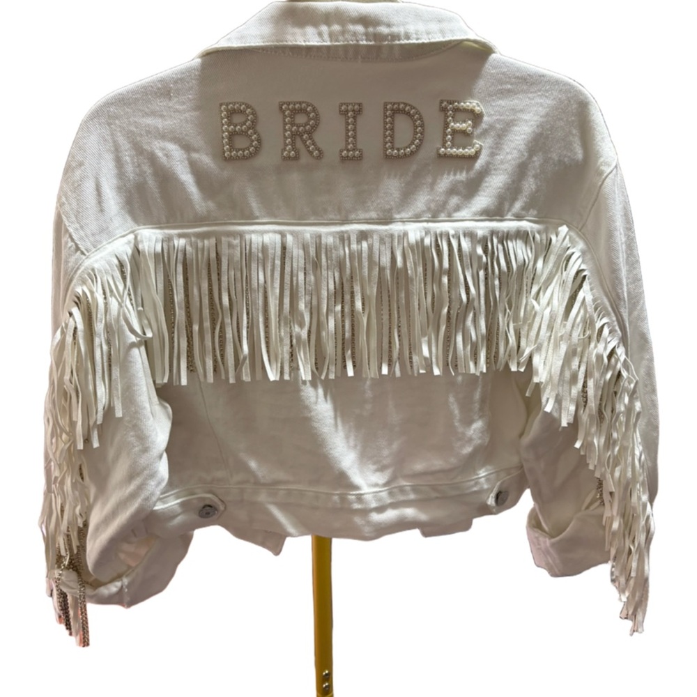 Custom Western “Bride” Jean Jacket w/ Pearls & Fringe - Size Small